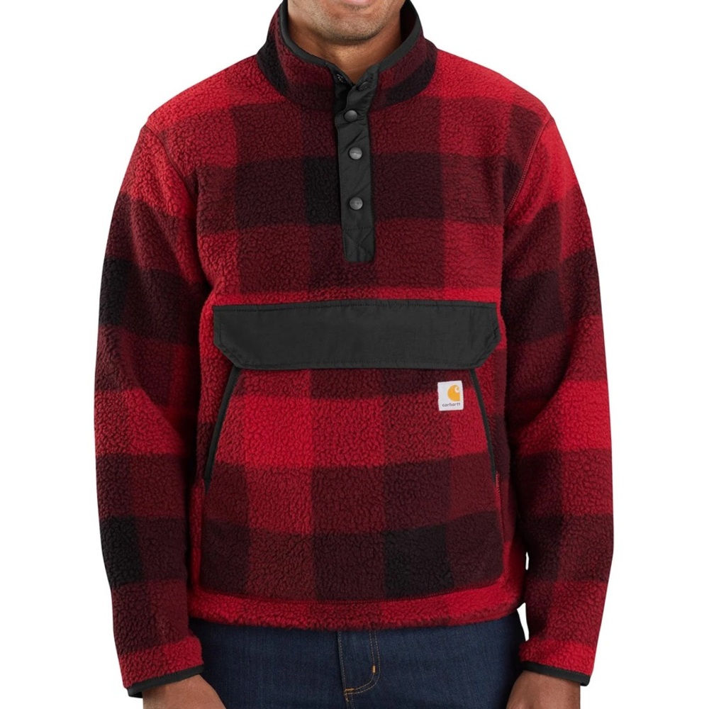 Carhartt Men's Red/Black Plaid Relaxed Fit Snap Front Fleece Pullover- Size XL